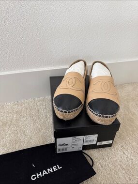 Authentic CHANEL Beige Leather Espadrilles with Black Toe Caps